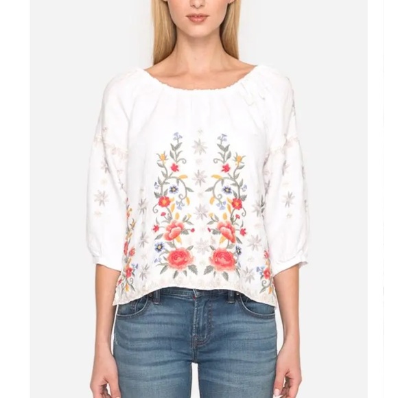 Johnny Was Tops - Johnny Was White Linen Hazelton Peasant Tie Blouse